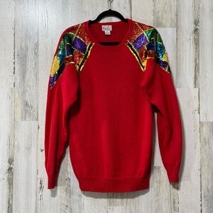 Knit Concepts Vintage Red Sweater with Sequin Accents Holiday